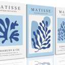 BingruiArt Blue Matisse Wall Art Canvas Boho Flower Set of 3 Minimalist Plant Leaves Painting Abstract Pictures Aesthetic Prints Home Decor for Living Room Bedroom Bathroom 12"x16" Framed