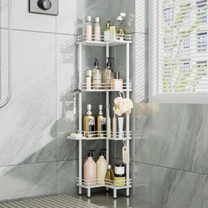 Consumest Corner Shower Caddy Standing - 4-Tier Stainless Steel Shower Organizer with Soap Holder and 4 Hooks, Large Capacity Corner Shelf Stand for Bathroom, Rest Room, White
