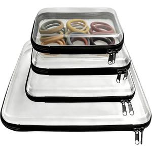 4PCS Clear Hard Shell Double-Zipper Pouches, Transparent Plastic Organizer Bags for Travel Cosmetics, Toiletries, Toy Storage & More (Black)