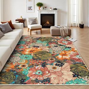 Area Rugs 8x10 Rug for Living Room Washable Vintage Area Rug Non Slip Floral Rugs Foldable Low Pile Soft Large Carpet for Bedroom Bedside Dining Room Kids Playroom Farmhouse