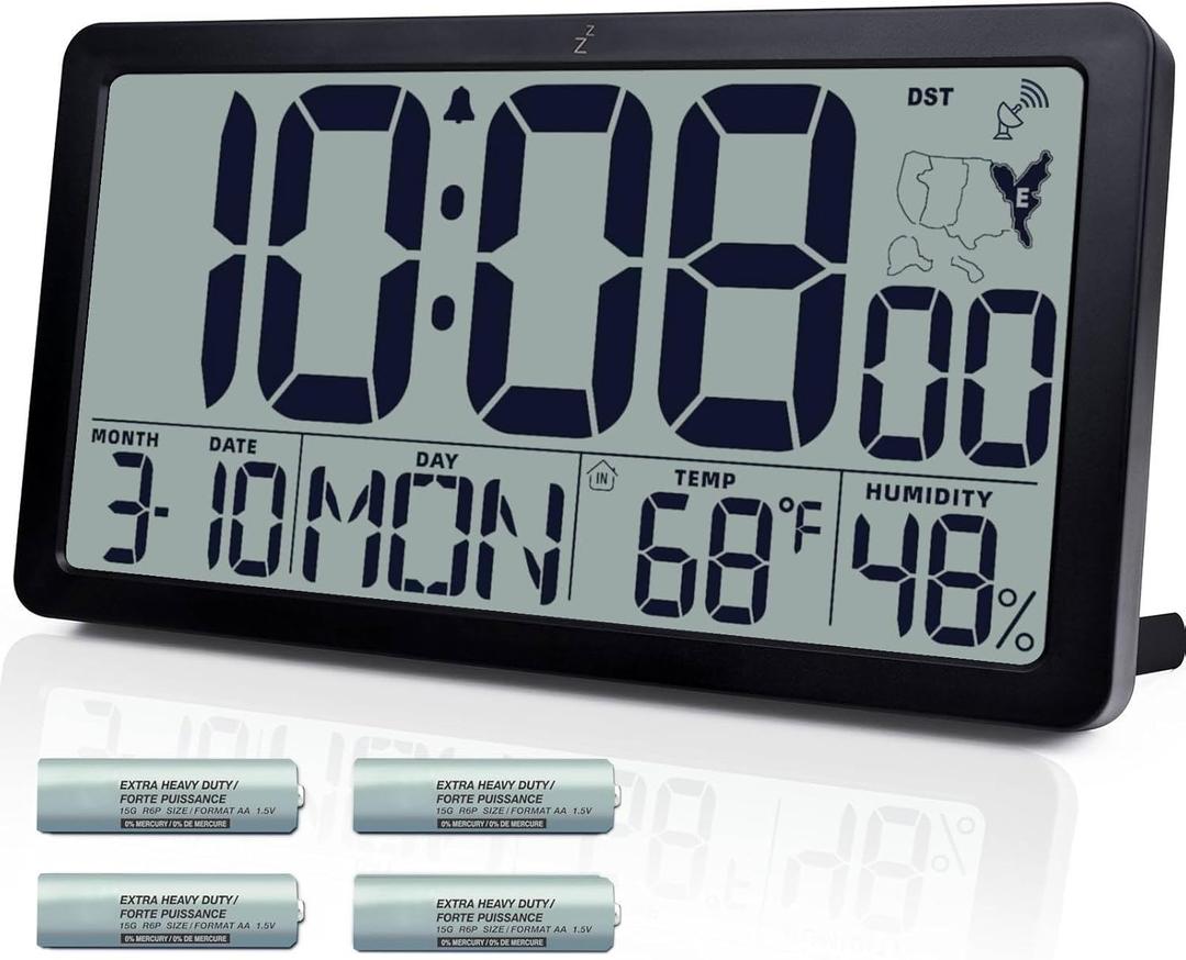 Atomic Wall Clock Battery Operated,10.5 inch Digtial Desk Clock with Temperature and Humidity,Self-Setting Alarm Clocks with 57 Ringtones,Auto DST, Large LCD Display for Seniors Batteries Included (Black)