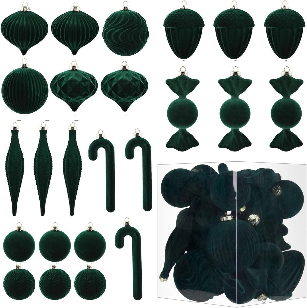 Velvet Ornaments for Christmas Tree Decorations - Dark Green Flocked Christmas Ornament Set for Winter Holiday Decor - Shatterproof Xmas Balls Ornaments Bulk - Pack of 24