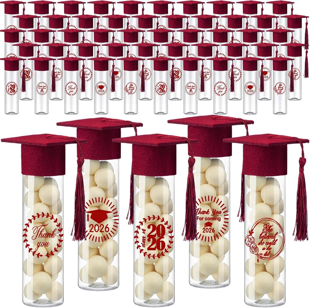 Teenyyou 50 Pcs Graduation Candy Tubes 2026 Graduation Party Favors Candy Boxes Plastic Grad Cap Jars Container with Tassels and Stickers for DIY Grad Table Party Favors (Marnoon), 1.50 x 5.51 inches