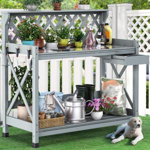 YITAHOME Potting Bench Table, Outdoor Garden Work Bench Station Table w/Drawer, Open Shelf, Hook, PVC Waterproof Mat (Gray)