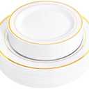 FLOWERCAT 60PCS Gold Plastic Plates - Heavy Duty White and Gold Plastic Plates Disposable for New Year/Thanksgiving Party/Wedding - Include 30PCS 10.25" Dinner Plates and 30PCS 7.5" Dessert Plates