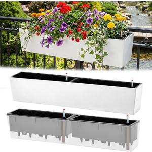 2 Pack Hanging Wall Planter Boxes 40" Large White Rectangular Flower Box with Window Bracket Self Watering System Railing Planter Outdoor Plant Pot Container Deck Rail Fence Balcony