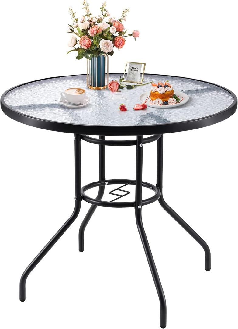 Jinlly. 32in Outdoor Table Patio Dining Table Outdoor Dining Table with Umbrella Hole Round Tempered Glass for Yard Bistro Lawn Balcony 