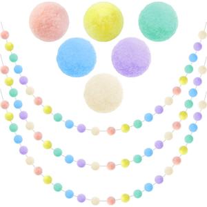 3pk Pastel Pom Pom Garland Easter Decorations Spring Home Decor Indoor Living Room Wall Classroom Xmas Tree, Cute Hanging Rainbow Colorful Felt Ball Garland Baby Shower Wedding Birthday Party Supplies