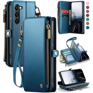 Defencase Compatible with Samsung Galaxy S23 Case Wallet with RFID Blocking Card Holder for Women Men, PU Leather Magnetic Snap Flip Zipper Strap Wallet Phone Case Fit for Galaxy S23 5G 6.1", Blue