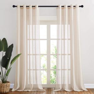 NICETOWN 90 inch Beige Curtains Linen Sheer Faux Flax Window Drapes, Grommet Decorative Keep Privacy Semi Sheer with Light Filtering for Living Room/Bedroom, W52 x L90, 2 Panels