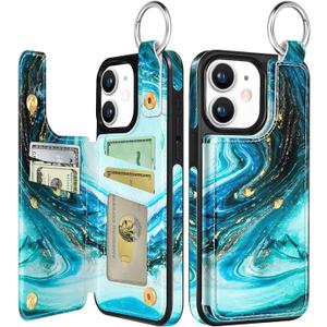 Shorogyt Compatible with iPhone 12 Wallet Case with Card Holder - Designer Marble Pattern Kickstand Magnetic Clasp Back Flip Folio Leather Phone Covers for Women Men Girls Cyan