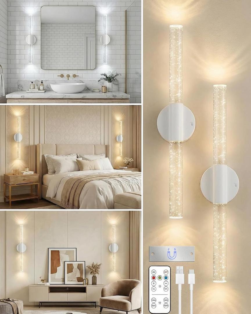 White Rechargeable Wall Sconces Set of 2, White Battery Operated Wall Sconce Set with Remote & Touch, Wireless Wall Sconces Set of Two for Bathroom Bedroom Living Room Decor