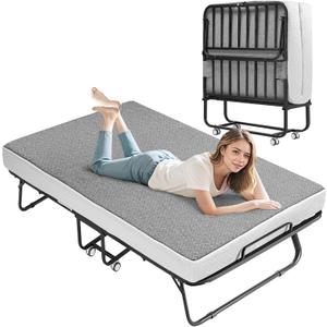 Folding Bed with Foam Mattress, Single Rollaway Bed for Guests, Space Saving Portable Beds with Lockable Wheels, 75" x 38" Twin Size Metal Bed Frame, Easy Assembly & MovingGrey
