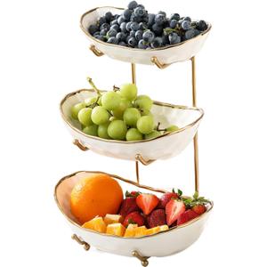 YYW 3 Tier Fruit Bowl for Kitchen Counter, White Ceramic Fruit Basket for Countertop, Home Fruit Stand with Metal Holder, Vegetable Bowl Snacks Nuts Bread Candy Storage (Gold 3-layer)