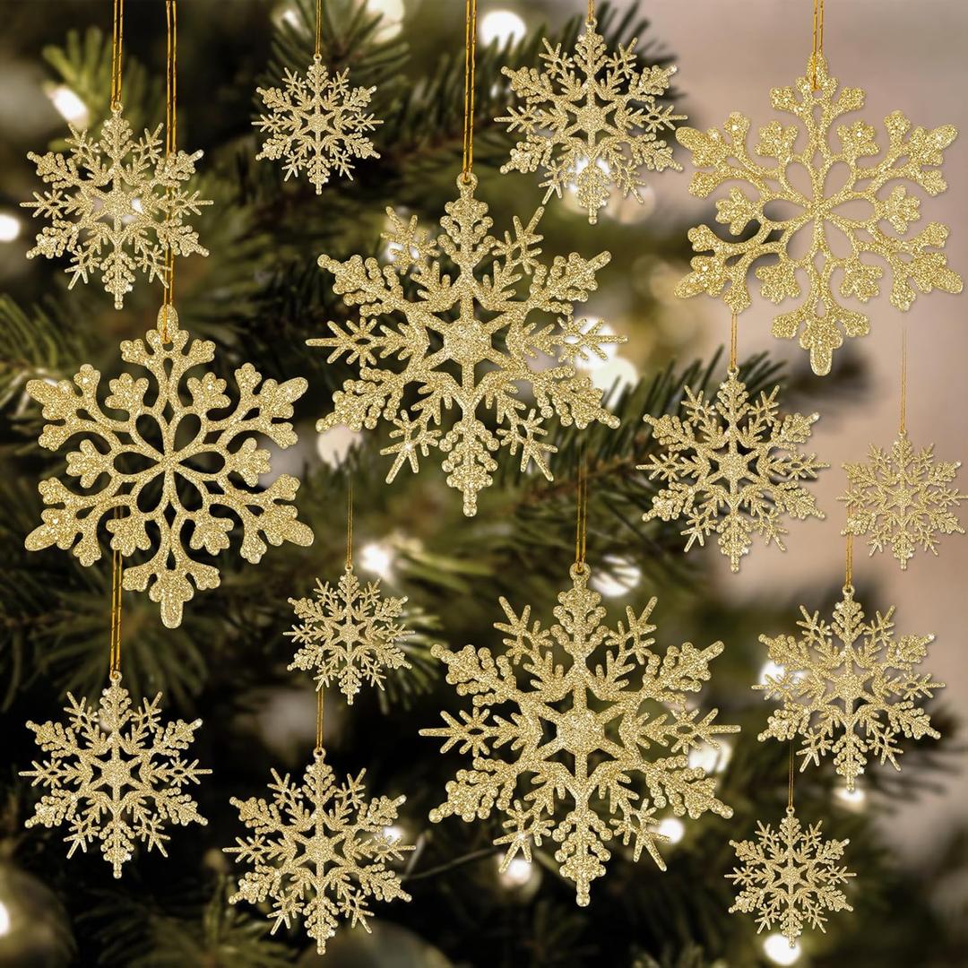 42pcs Gold Snowflake Ornaments - Christmas Tree Decorations, Hanging Snowflake Decorations, Plastic Glitter Snow Flakes for Christmas, Winter, Party