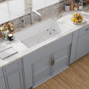 30 White Undermount Kitchen Sink, Hugsleek Topmount & Undermount Kitchen Sink 30x18 inch White Porcelain Ceramic Fireclay Sinks Dual Mount Accessories Single Bowl Under Counter Sinks Basin Drop In