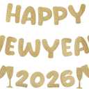 Yeaqee Happy New Year Banner 2026 Glitter Pre-strung Banner 10 Feet for New Year Sign Party Decoration, 2026 Party Supplies(Champagne Gold)