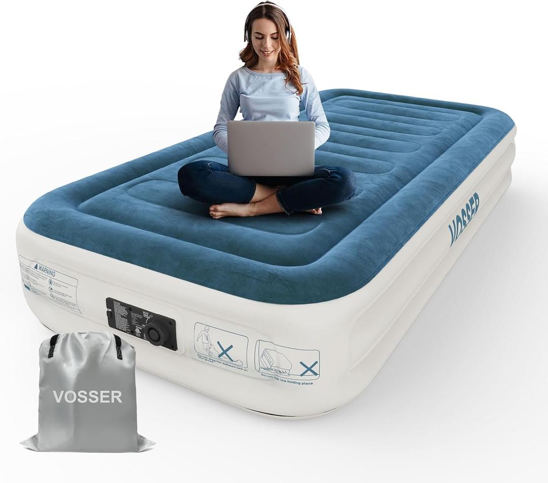 Twin Air Mattress with Built in Pump,Inflatable Mattress 2 Mins Self-Inflation/Deflation,Thicker Blow up Mattress Leak-Proof,Flocked Top Air Bed with Storage Bag for Home, Camping & Guests