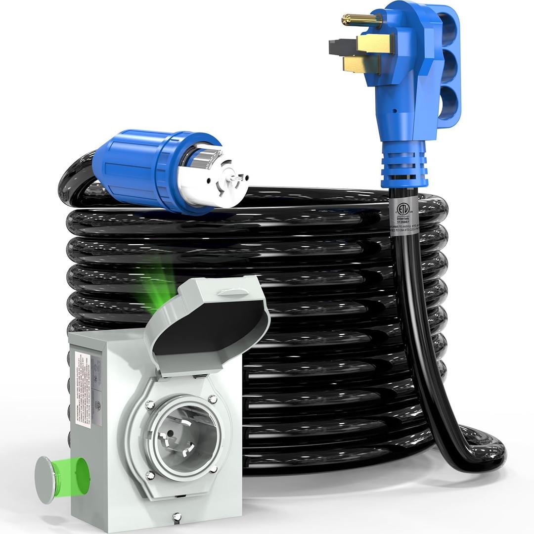 50 Amp Generator Cord and Power Inlet Box, 30FT 4 Prone RV Extension Cord, 125/250V NEMA 14-50P Male to SS2-50R Twist Locking Connector, STW 6/3+8/1 AWG, Transfer Switch for Home Generator