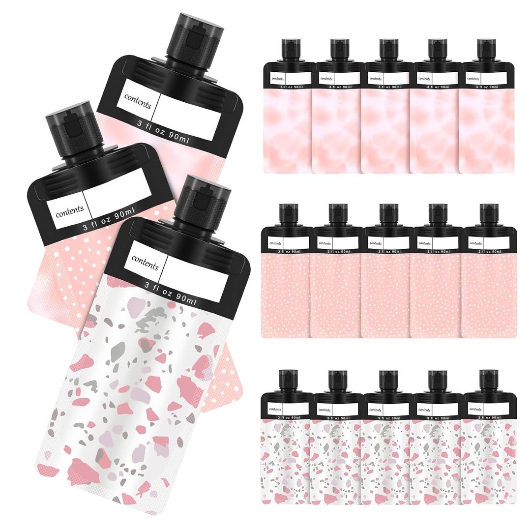 18 Pack Travel Pouches for Toiletries, TSA Approved Travel Pouches for Liquids,Travel Shampoo and Conditioner Pouches,Leak Proof 3oz Travel Squeeze Pouches(Pink)
