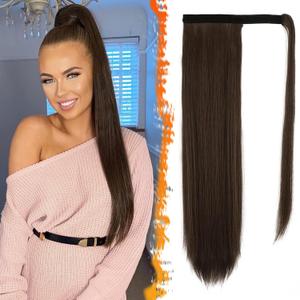 BARSDAR Chocolate Brown Straight Wrap Ponytail Extension - 26 Inch Long Straight Wrap Around Ponytail Hair Extensions for Women, Synthetic Clip in Brown Pony Tails Hairpieces Daily
