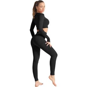 OQQ Women Exercise Outfit 2 Piece Seamless High Waist Leggings Long Sleeve Crop Top Yoga Set Medium