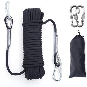 10mm/12mm (32FT/64FT) Climbing Rope, Outdoor Static Rock Climbing Rope, Tree Climbing Rappelling Rope, Escape Nylon Rope, Ice Climbing Equipment Fire Rescue Parachute Rope with 2 Steel Hooks (Black)
