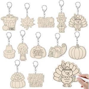RattanView 24 Pcs Thanks Craft Color Your Own Keychains DIY Craft Wooden Blank Keychains for Sunday School Classroom Home Active Party Favors Gifts, 12 Styles