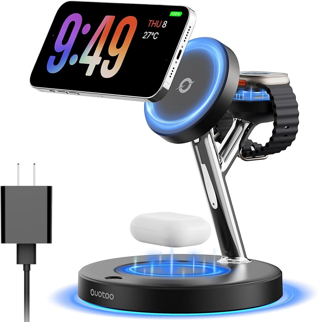 New 3 in 1 Charging Station for Apple Compatible with Magsafe Charger Stand for iPhone 17 16 15 14 13 12 Wireless Charging Station for AirPods Wireless Charger for iWatch Series (Black)