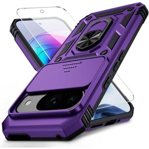 Vinve for Google Pixel 9 Case, Pixel 9 Pro Case, Slide Lens Cover, HD Screen Protector, Military Grade Drop Protection, Magnetic Rotated Ring Holder Kickstand Protective Phone Case (Deep Purple)