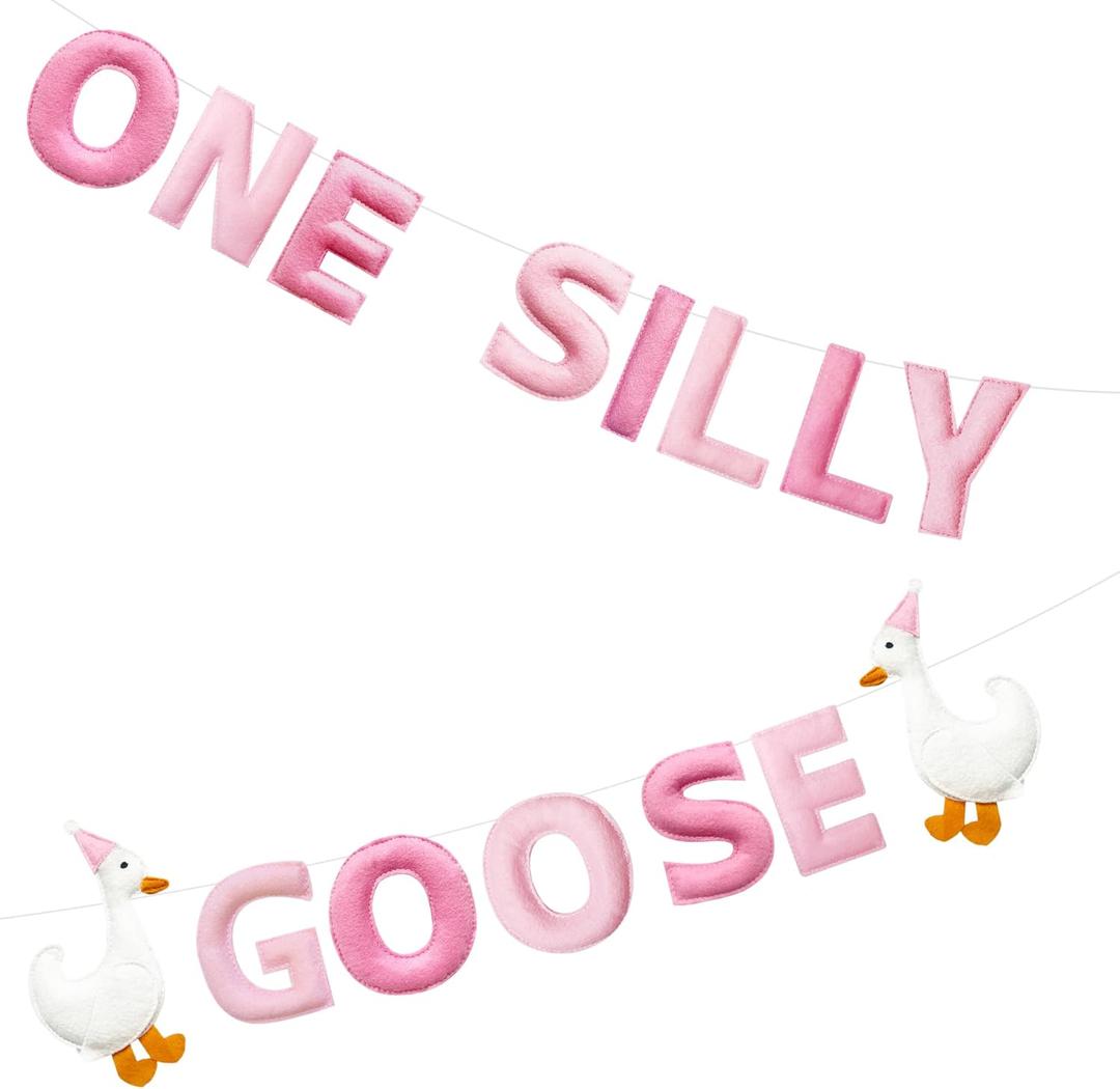 One Silly Goose Birthday Decorations Gradient Pink Felt Handmade Pre-Strung 3d Goose 1st Birthday Banner for Baby Girl First Bday Party Decorations Fireplace Nursery Home Wall Decor