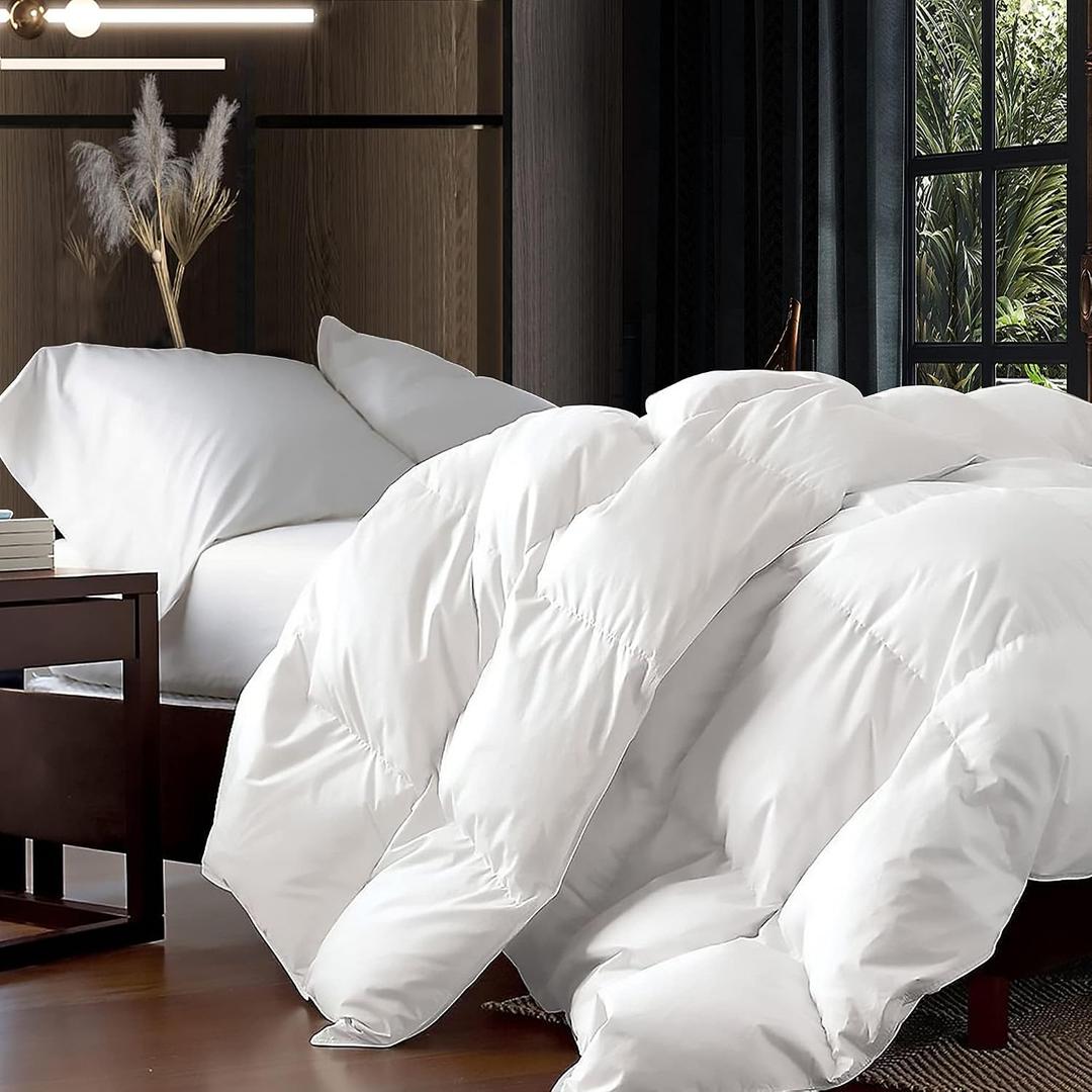  Luxurious King/Oversized King 108" x 98" Size Goose Down Fiber Waterfowl Feather Fiber Comforter Duvet, 100% Egyptian Cotton Cover, 65 oz. Fill Weight, Baffle Box Design, White Solid