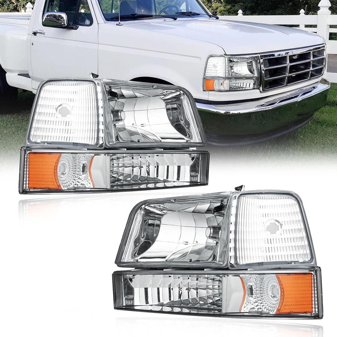 Headlights for 92-96 Ford F150 F250 F350 Bronco 1992 1993 1994 1995 1996 Replacements Assembly Chrome Housing Amber Reflector