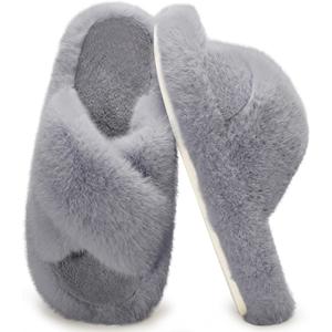 Women's Fuzzy Slippers House Slippers Memory Foam Bedroom Shoes Open Toe, Cross Band (8.5-9.5, Grey)