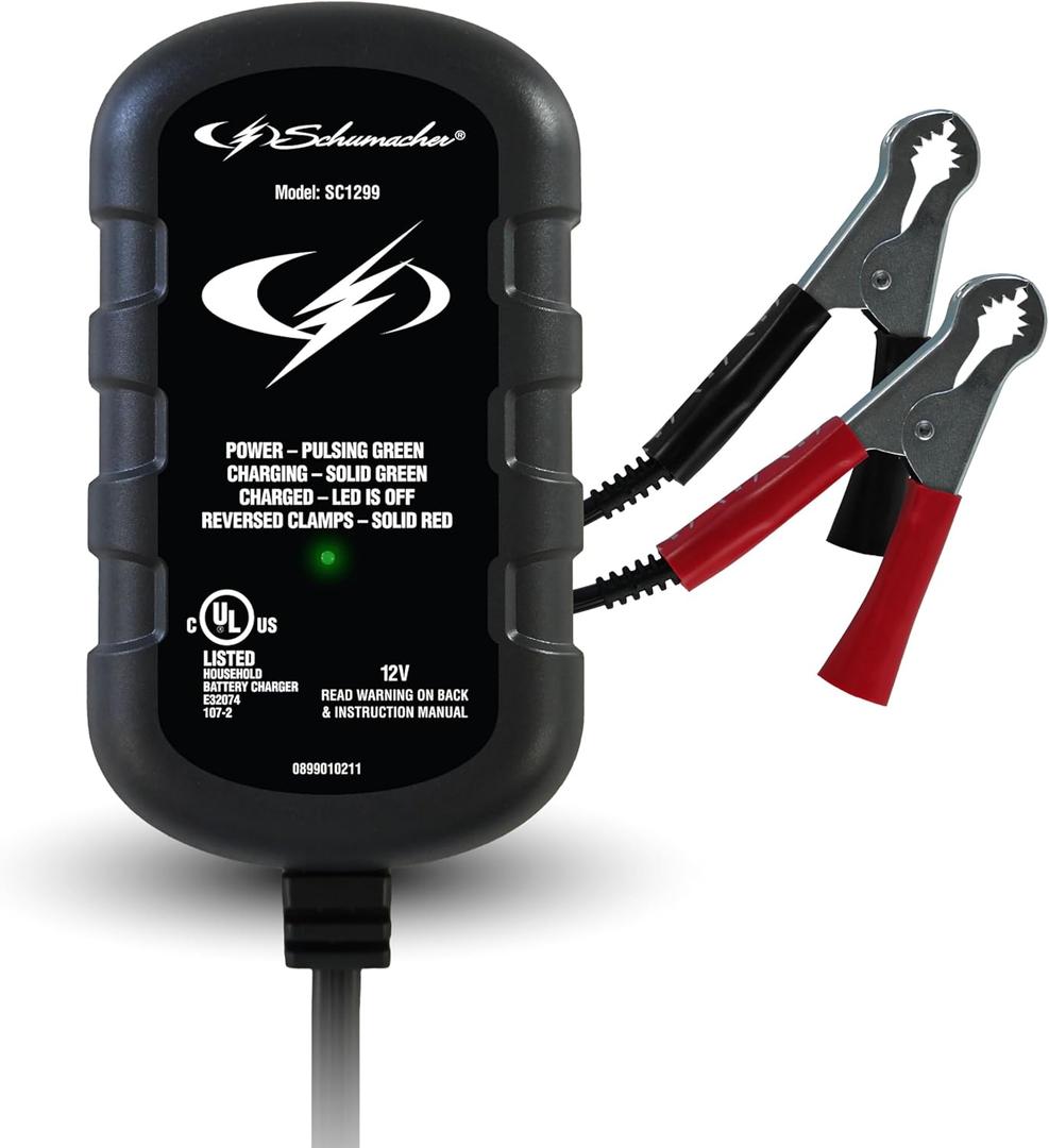 Schumacher Electric 0.8A Car Battery Charger and Maintainer, 2-in-1 Solution for 12V Batteries, SC1299, for Power Sport, Automotive, and Marine Batteries