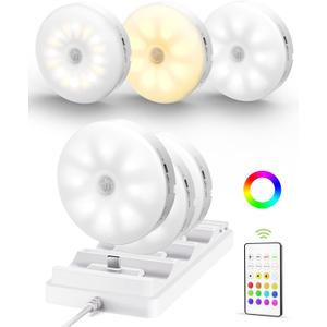 EZVALO Under Cabinet Lighting with Charging Station, 1000mAh Rechargeable Puck Lights with Remote, 3 Color Temps & 12 RGB Closet Lights, Dimmable Motion Sensor Lights for Shelf, Kitchen (6 Packs)