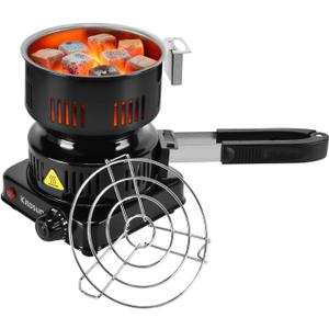 Electric Stove Coconut Charcoal Starter - ETL Approved Hot Plate Durable Faster Coal Burner 120V~600W with Detachable Handle Stainless Steel Grill & Rack Smart Heat Control Long Cable for BBQ Kitchen