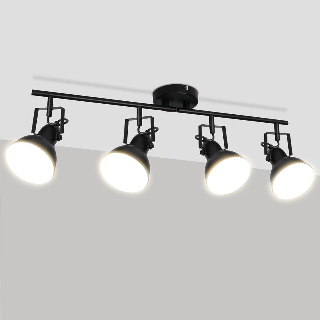 Rotatable Industrial Black 4-Light Track Lighting Fixtures, Ceiling Spot Light Kit for Kitchen, Bedroom, Living Room, E26 Base (Bulbs Not Included)