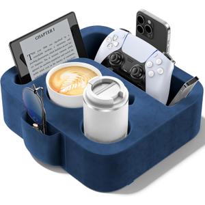 Couch Cup Holder Pillow, Sofa and Bed Organizer Caddy for iPad, Kindle, Switch, Game Controller, Remotes, Phones, Small-sized Cup & Drink Holder for Couch, Bed, Desk, Car, Beach, Desk, Blue