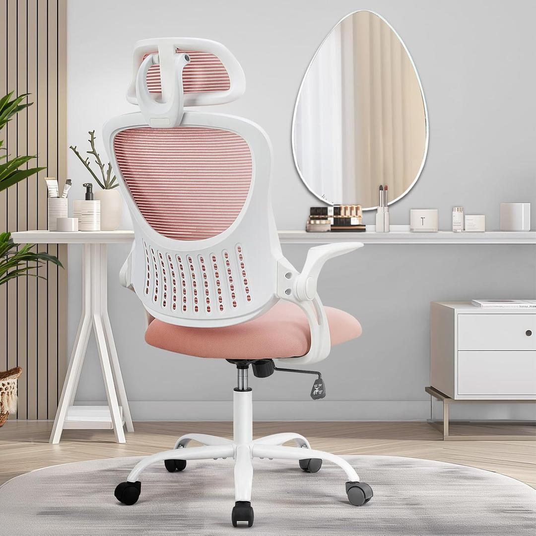 SMUG Office Desk Chair - Ergonomic High Back Computer Task Chair with Comfy Lumbar Support and Adjustable Headest, 360 Swivel, Flip-up Armrest for Home, Bedroom, Gaming, Study, Student, Pink
