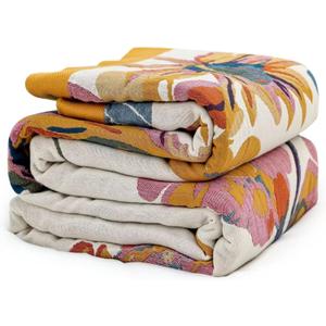 MSGKV Boho Throw Blanket for Bed 100% Cotton Throw Floral Couch Blanket 80''x90'', Spring Breathable Travel Muslin Blanket for Women Home Decor