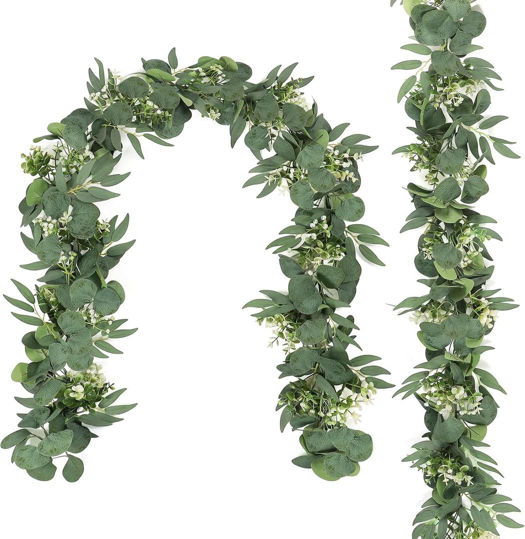 TOCHGREEN 5.9FT Eucalyptus Garland Artificial Vines Fake Greenery Garland with Gypsophila and Willow Leaves Faux Hanging Plants for Wedding Home Party Table Wall Decor (2pcs)