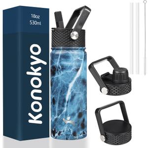 18 oz Insulated Water Bottle Stainless Steel Sport Bottles with 3 Lids,Marble Ocean