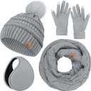 Winter Hat Scarf Gloves and Ear Warmer, Warm Knit Beanie Hat Touch Screen Gloves Set Winter Gifts Neck Scarves for Women (Light Gray)