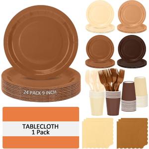 Brown Plates and Napkins Party Supplies for 24 Guests, Disposable 9 Gradient Brown Paper Plates Tableware Set for Birthday Party, Boho, Baby Shower, Autumn, Thanksgiving Decoration