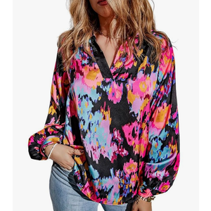 Shirts for Women Casual Graffiti Printed Long Puff Sleeve V Neck Tops Elegant Blouses, XL