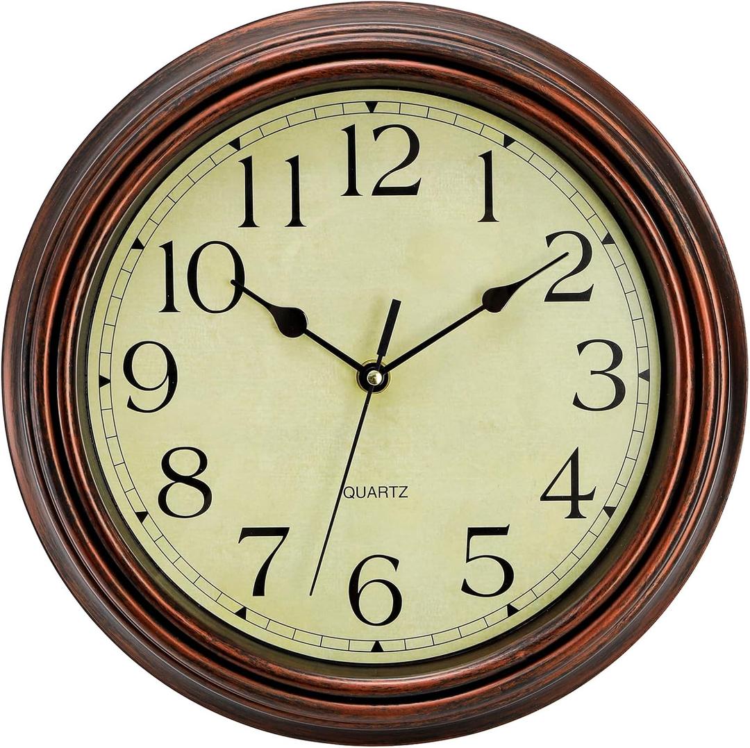 Bekith 12-Inch Round Classic Clock Retro Non Ticking Quartz Decorative Wall Clock for Living Room Kitchen Home