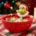 6.5 Inch Christmas Candy Bowl, 100% Ceramic Candy Dish Bowl Holiday Hand-Painted Character with Santa Hat & Suit for Snacks, Dessert, Soup, Microwave & Dishwasher Safe, 30 Oz