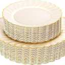 YOUBET 60PCS Ivory Scalloped Plastic Plates - Hard Craem and Gold Fancy Disposable Plates include 30 Gold Dinner Plate, 30 Dessert Plate for Party, Wedding