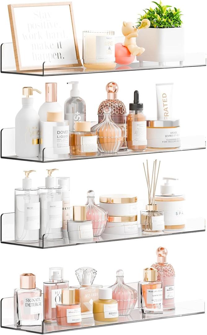 Yieach 4 Pack 15" Acrylic Shelves for Wall,Bathroom,Bedroom - with Adhesive - No Drilling Clear Floating Shelves for Funko Pop,Lego,Action Figures,Nail Polish,Perfume Shelf and Wall Storage & Display